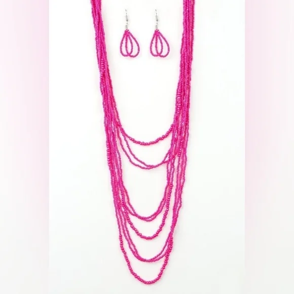 Multi-Strand Hot Pink Beaded Necklace - Women Jewelry - Picture 2 of 3